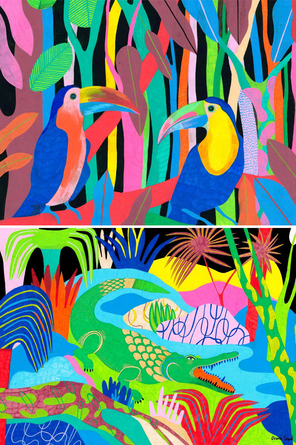 Vibrant color palette jungle illustrations by Orane Sigal