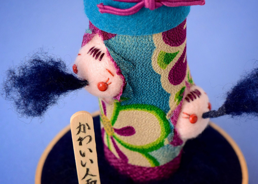 Needle felted "Occult Kokeshi" doll by Hiné Mizushima