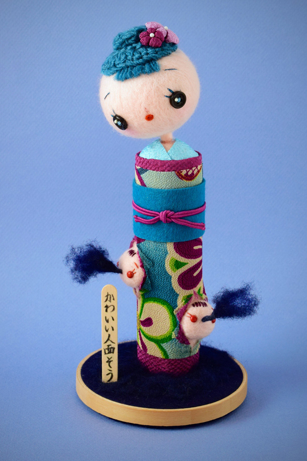 Needle felted "Occult Kokeshi" doll by Hiné Mizushima