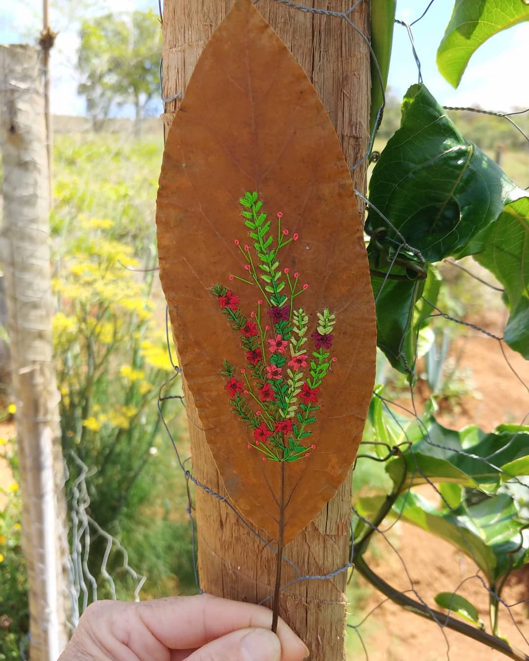 Hand embroidery on leaf by Solange Nunes