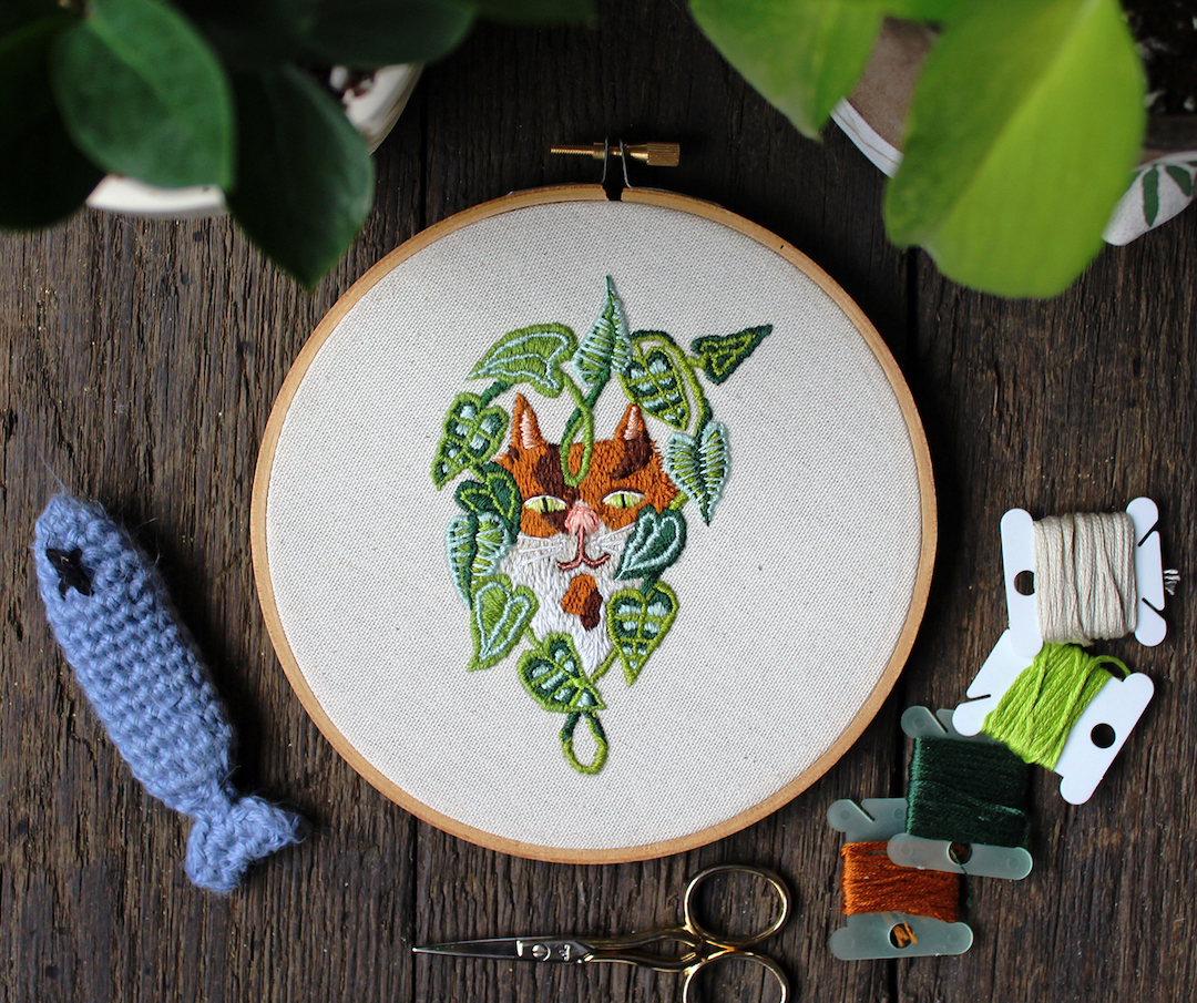 Cat embroidery is dedicated to all the kitties that love plants