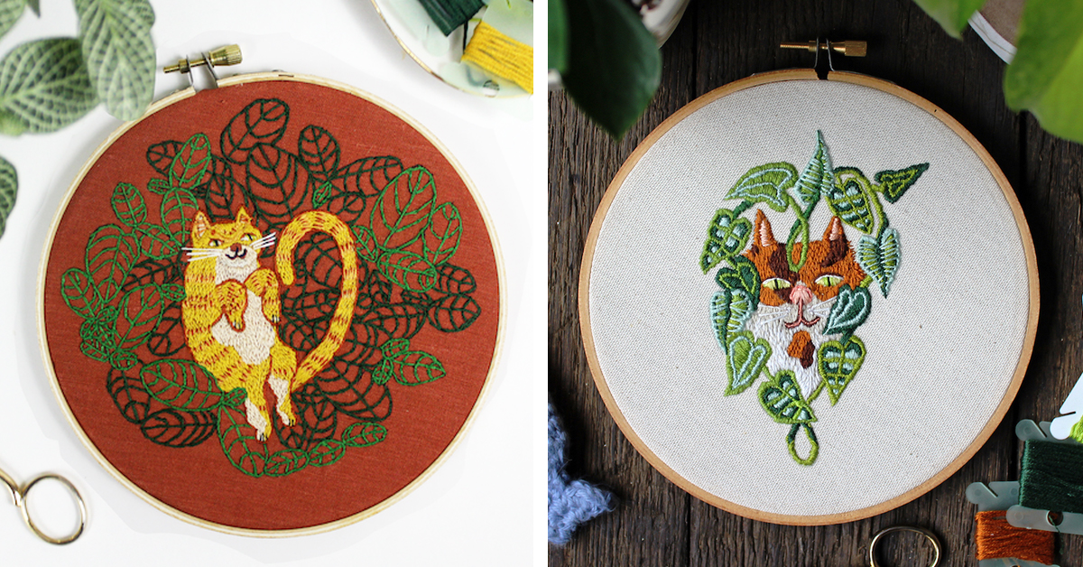 Cat embroidery is dedicated to all the kitties that love plants