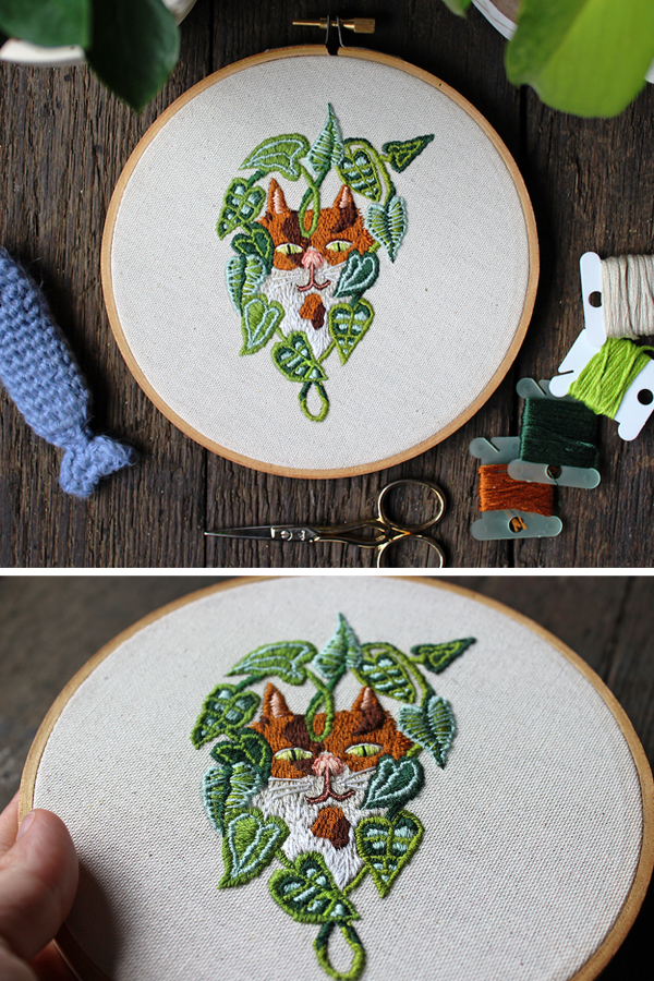 Hand embroidery of cats and plants