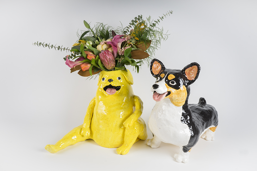 Ceramic dog vase by Katie Kimmel