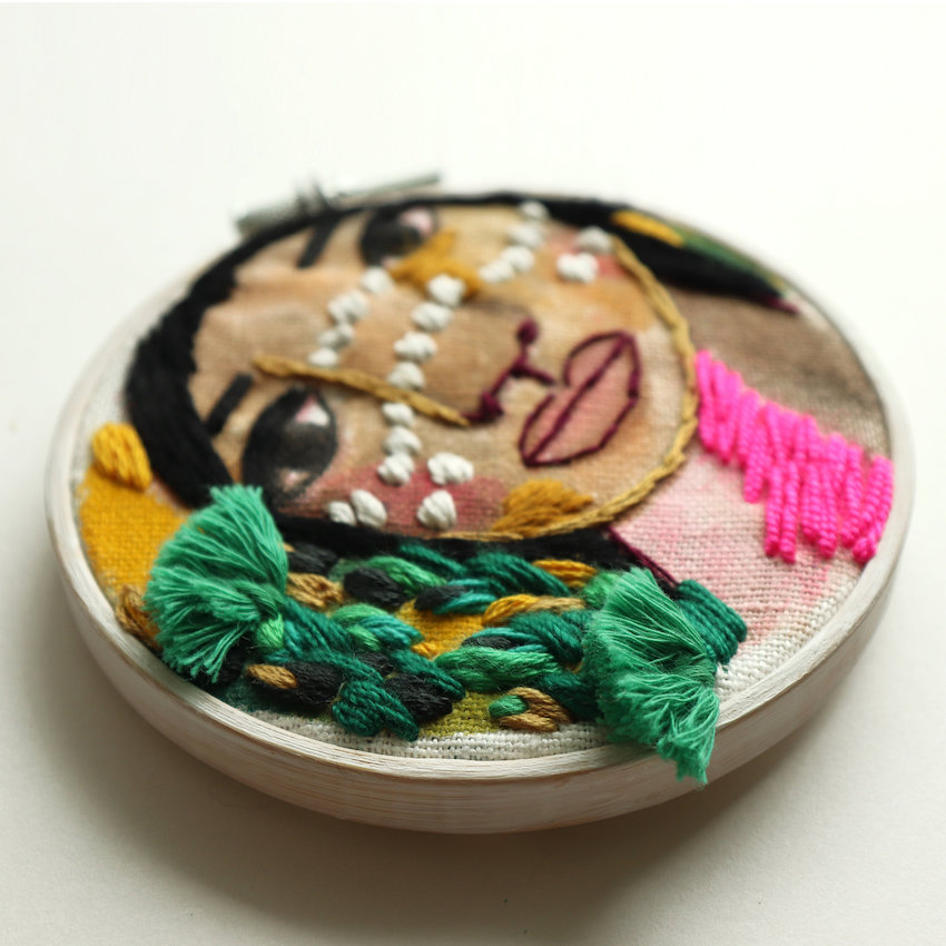 Mixed media hoop art by Katy Biele