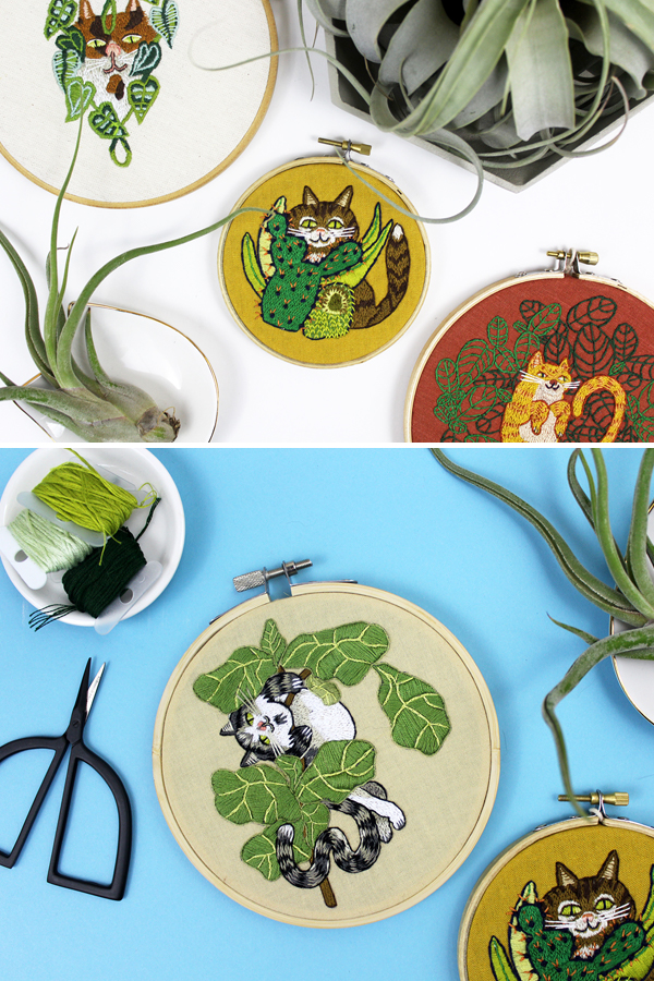 Plant and cat embroidery