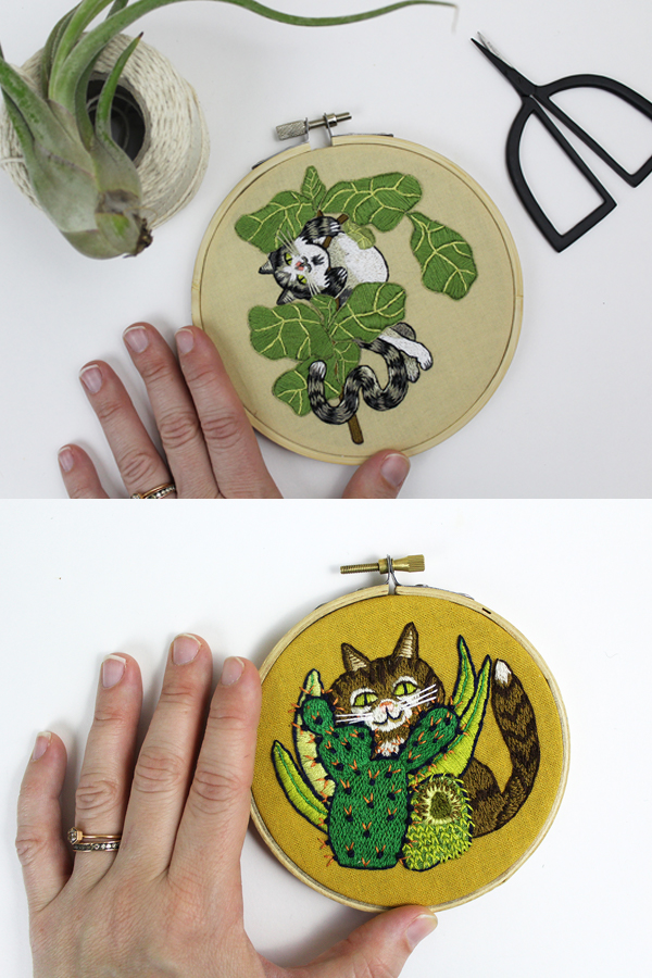 Plant and cat embroidery