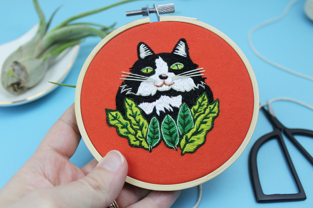 Cat face embroidery by Sara Barnes