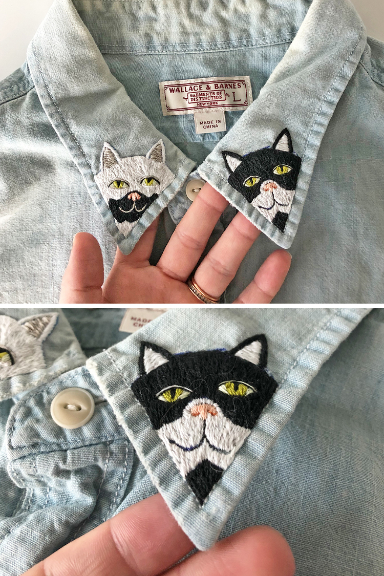 Embroidered cat clothing by Sara Barnes