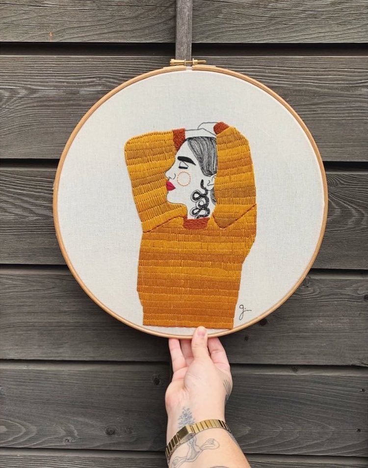 Hand-stitched hoop art by Giselle Quinto