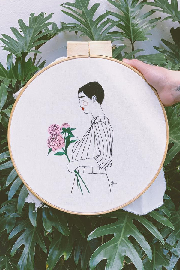 Hand-stitched embroidery portrait by Giselle Quinto