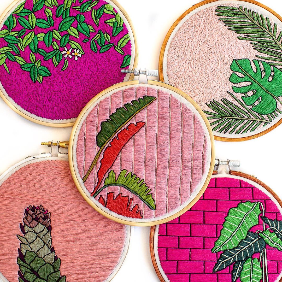 Plants on pink embroidery 
