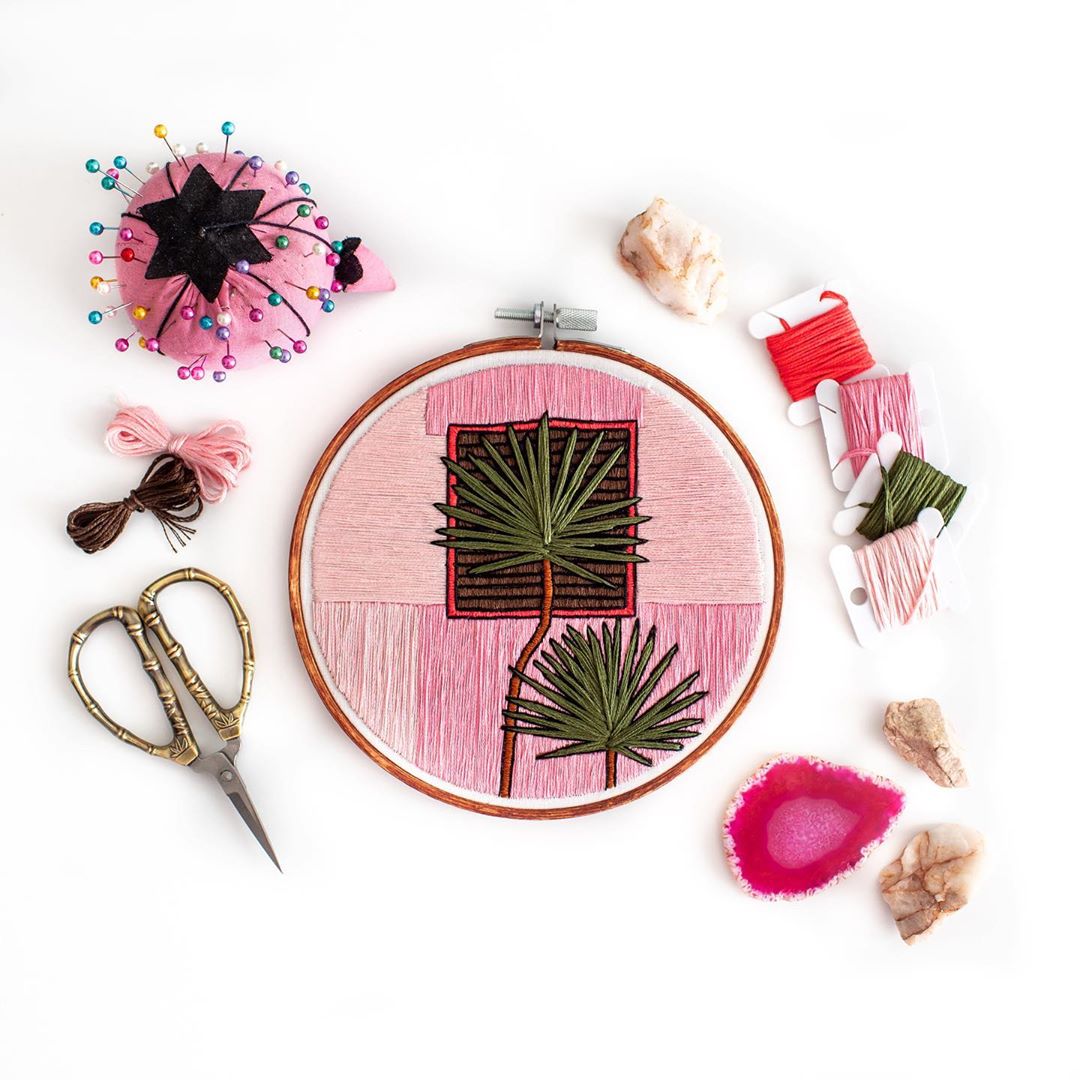 Plants on pink embroidery