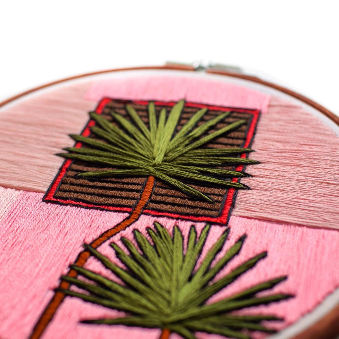 Plants on pink embroidery