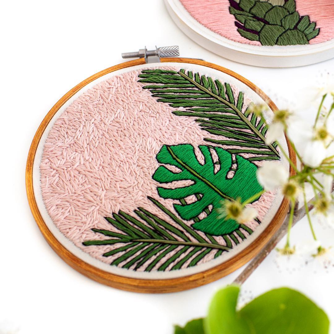 Plants on pink embroidery