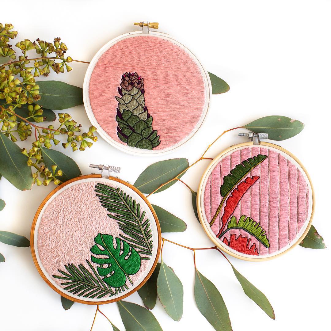 Plants on pink embroidery