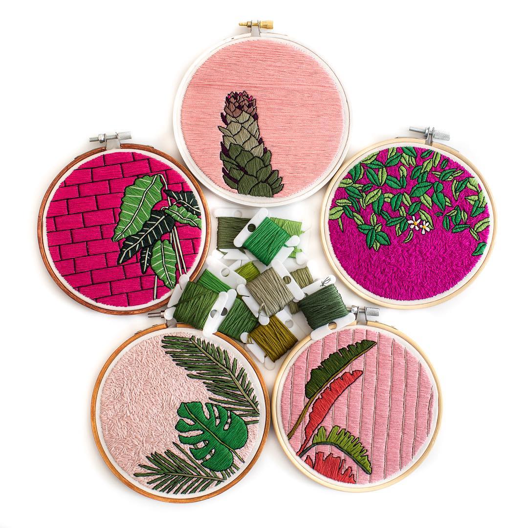 Plants on pink embroidery