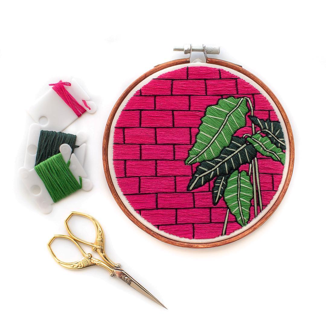 Plants on pink embroidery