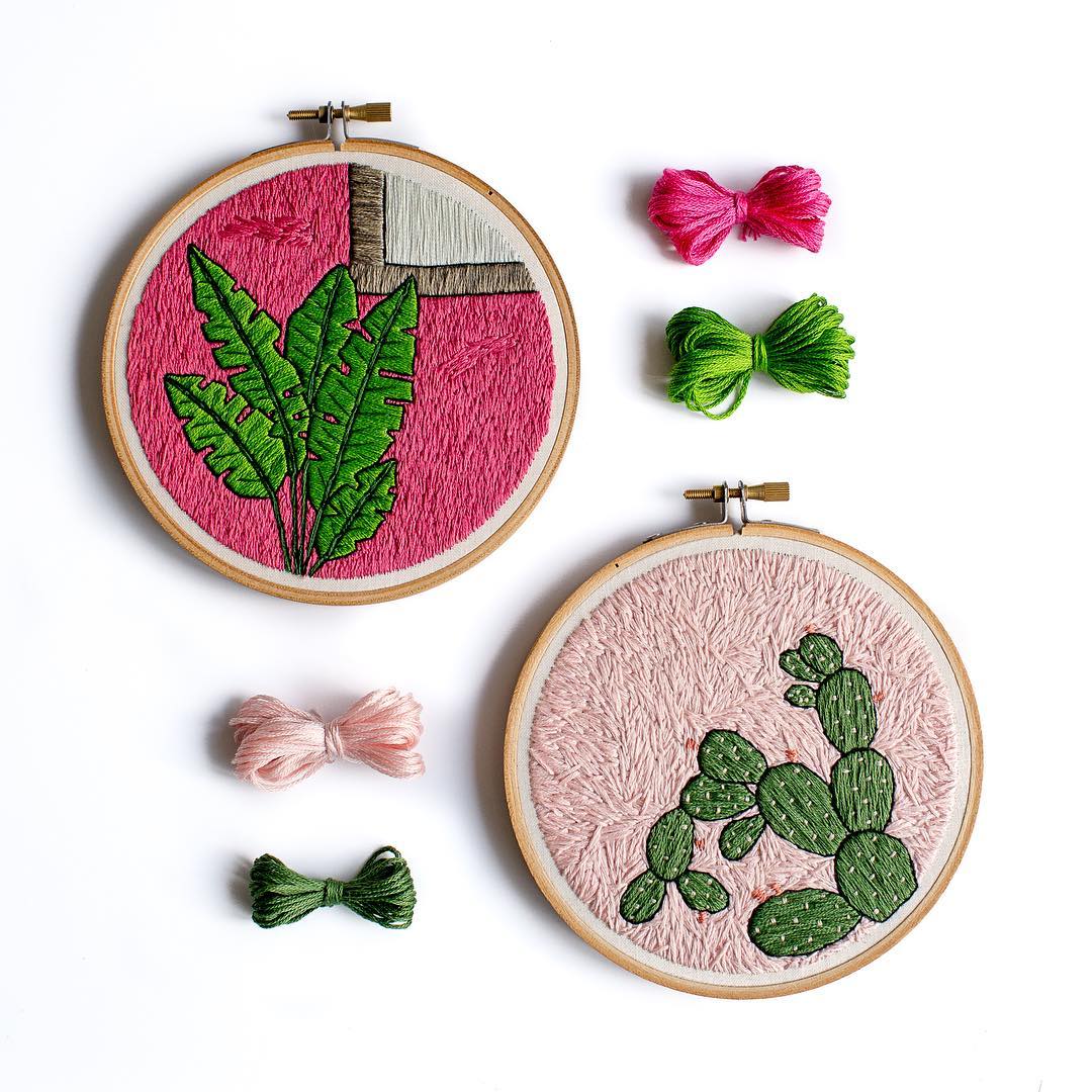 Plants on pink embroidery