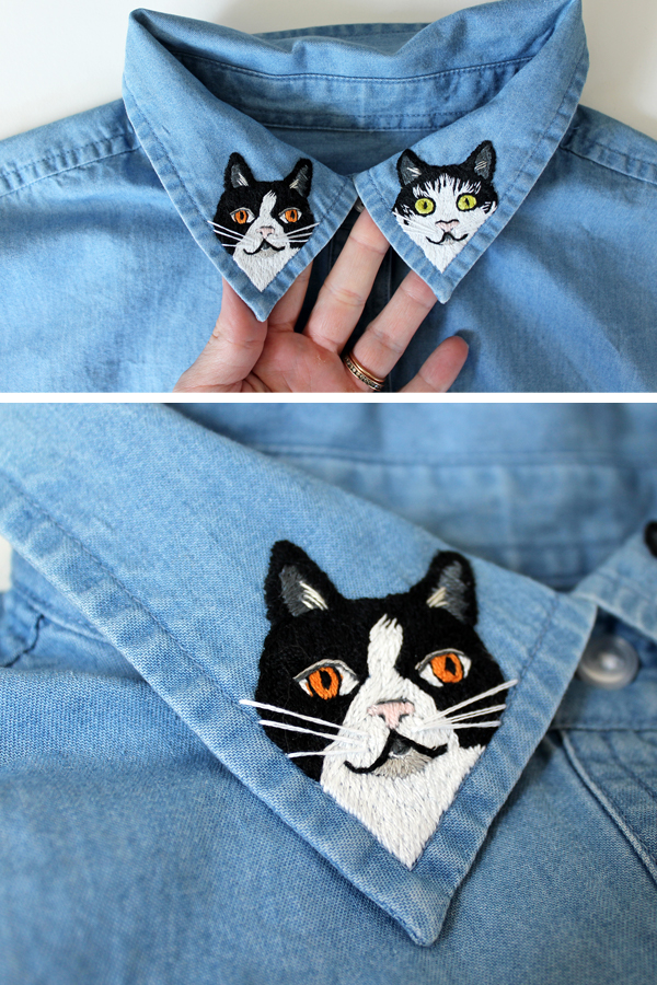 Embroidered collars with cats on them