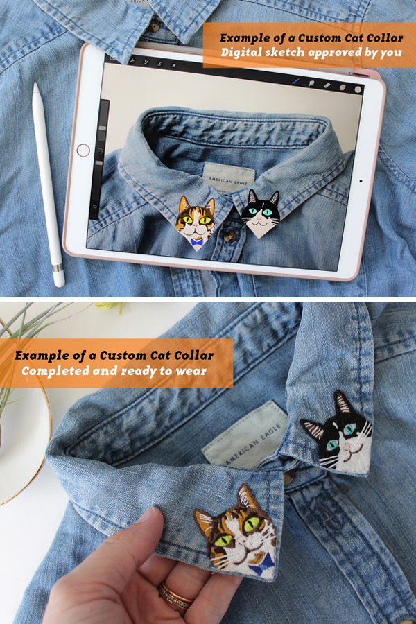 Embroidered collars with cats on them