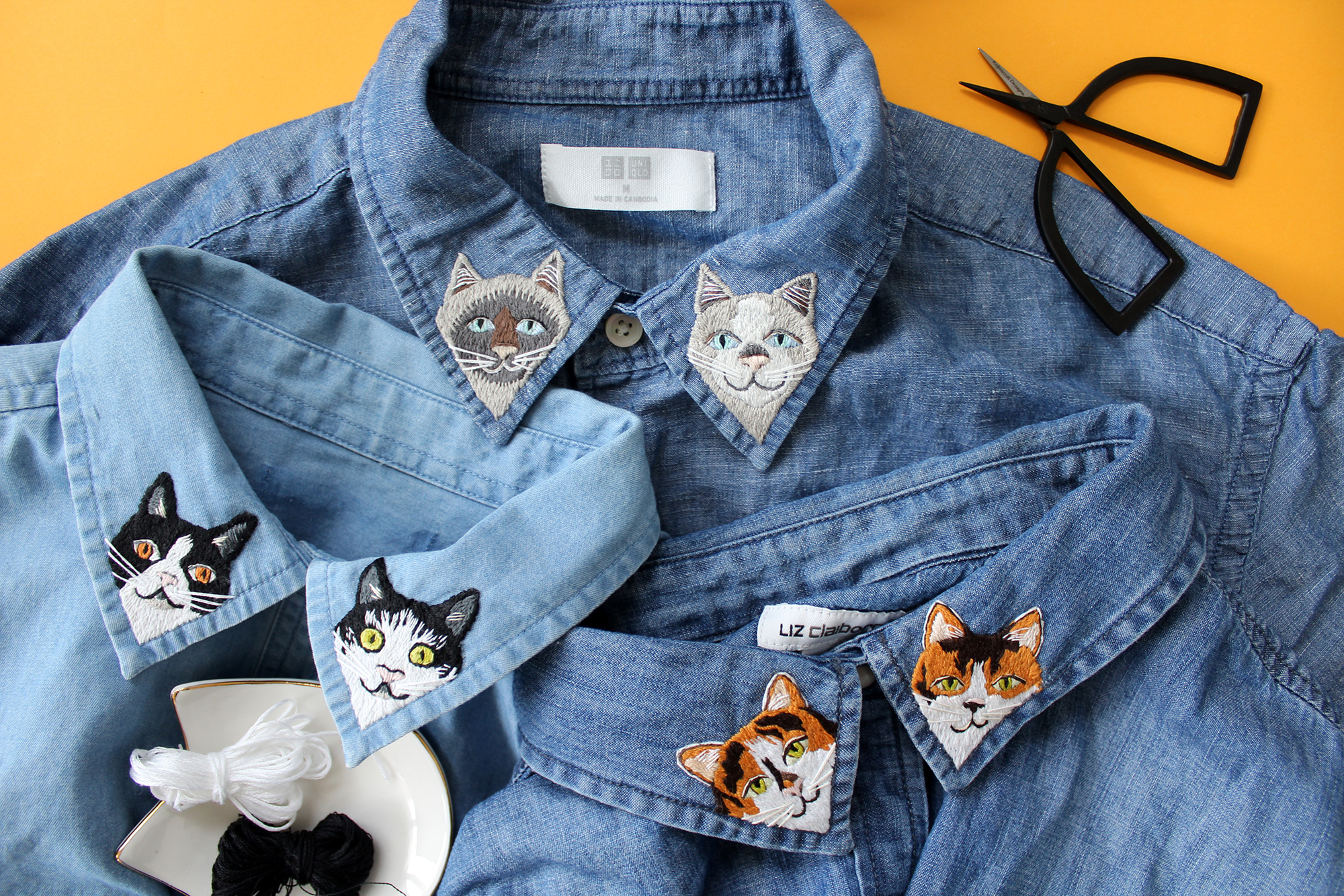 Embroidered collars with cats on them