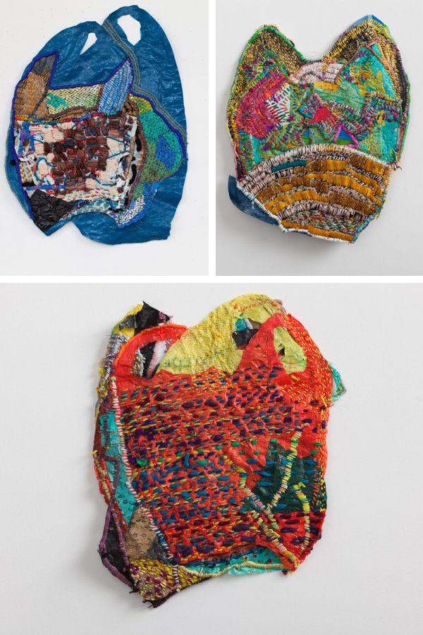 Hand embroidery on a plastic bag by Josh Blackwell