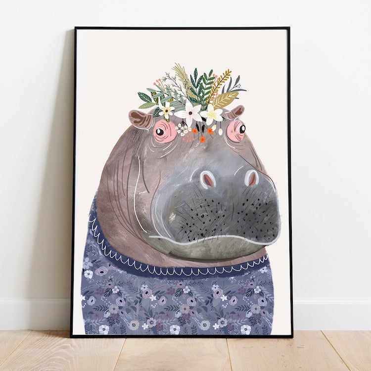 Hippo with a floral crown print