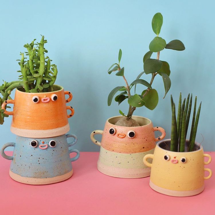 Ceramic face planters with googly eyes