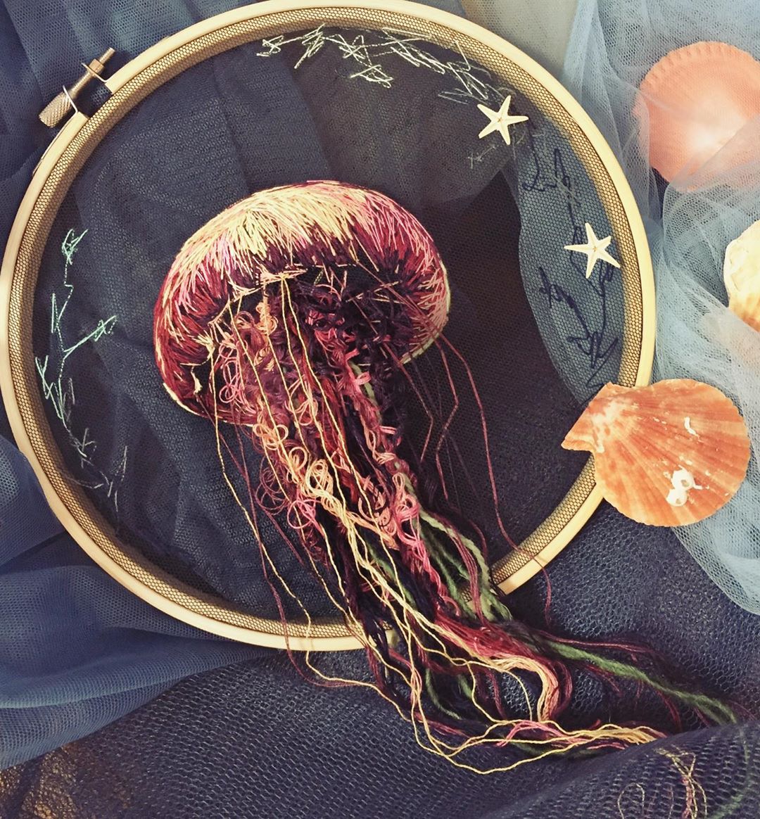 Hand embroidery on tulle fabric