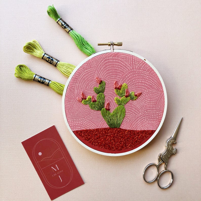 Hand embroidered heart prickly pear cactus designs