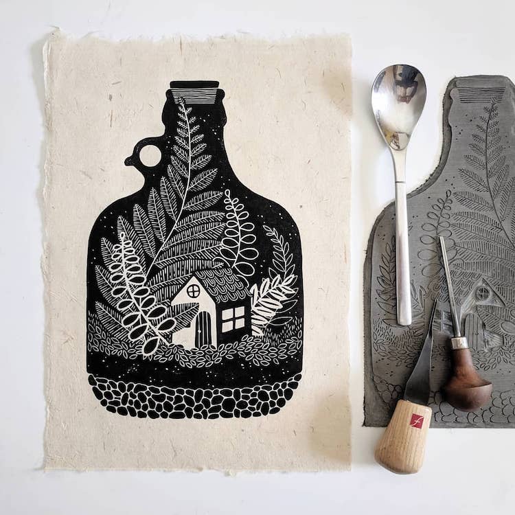 Lino cut printed illustrations by Sofie van Schadewijk