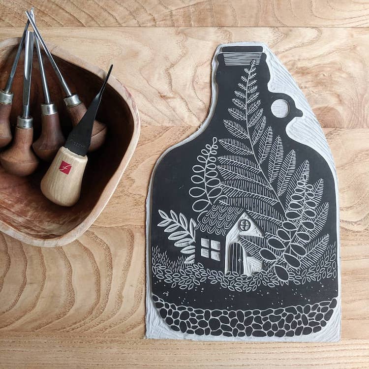 Lino cut printed illustrations by Sofie van Schadewijk