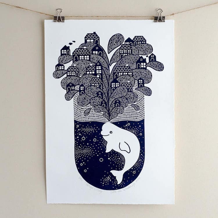 Lino cut printed illustrations by Sofie van Schadewijk