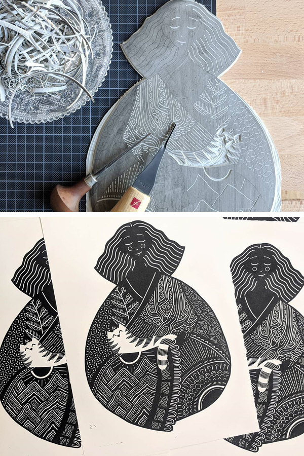 Lino cut printed illustrations by Sofie van Schadewijk