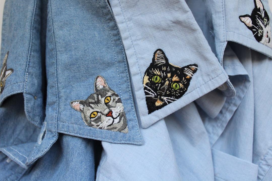 Custom pet portrait embroidery on a shirt