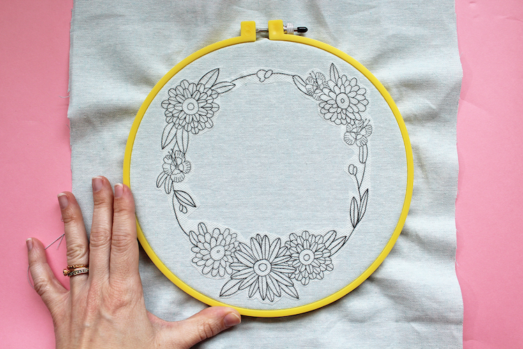 Positioning embroidery pattern in a hoop