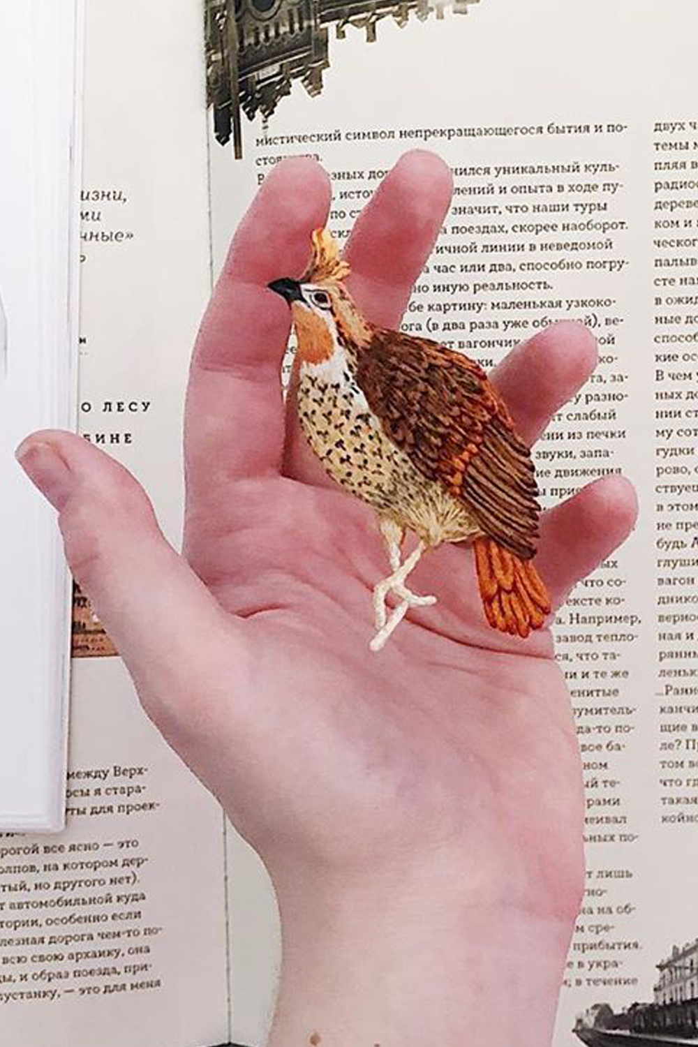 Lifelike bird embroidery by Pola Laamanen