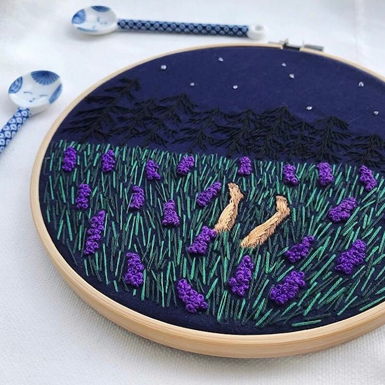 Embroidered hoop art by Fukanō Kanō