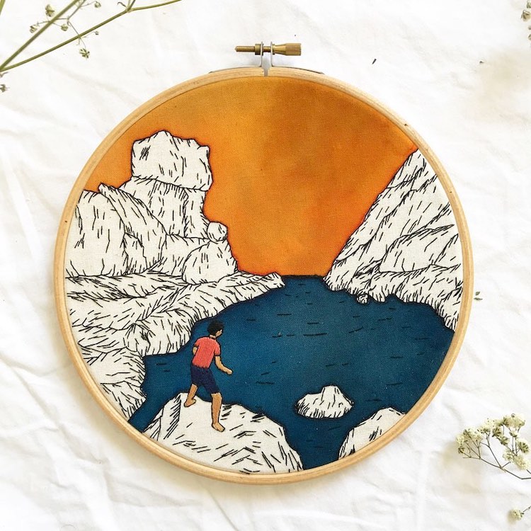 Embroidered hoop art by Fukanō Kanō