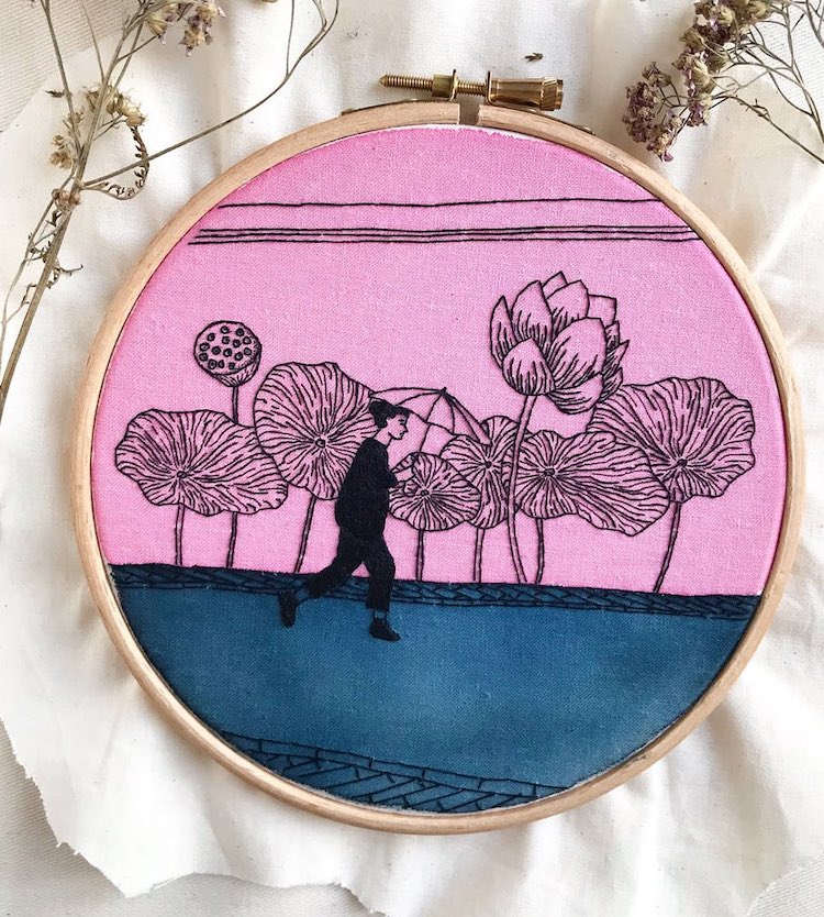 Embroidered hoop art by Fukanō Kanō