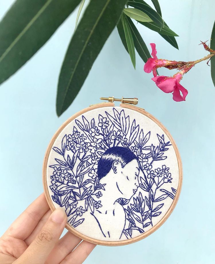 Embroidered hoop art by Fukanō Kanō