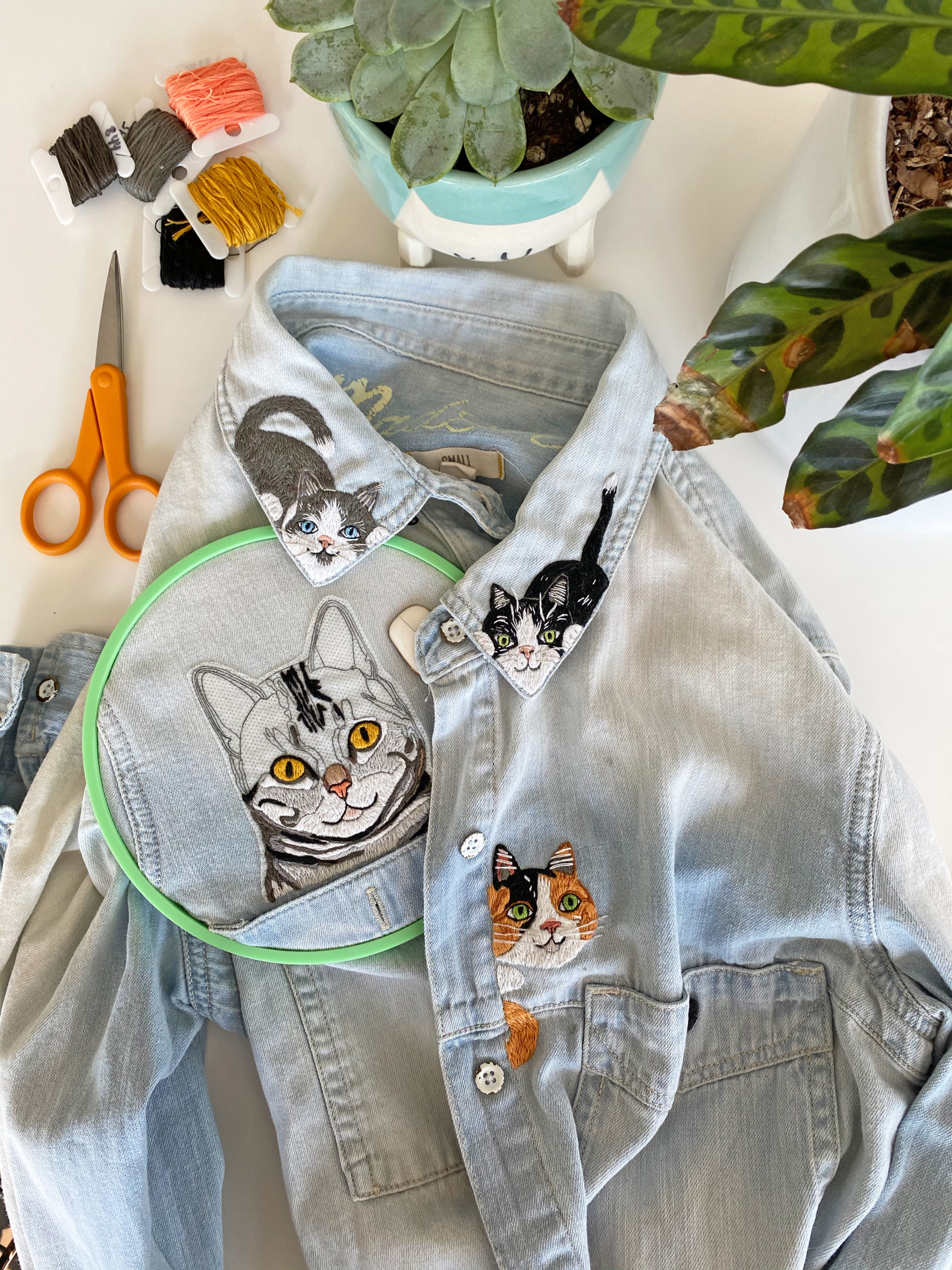 Cat embroidery on a shirt