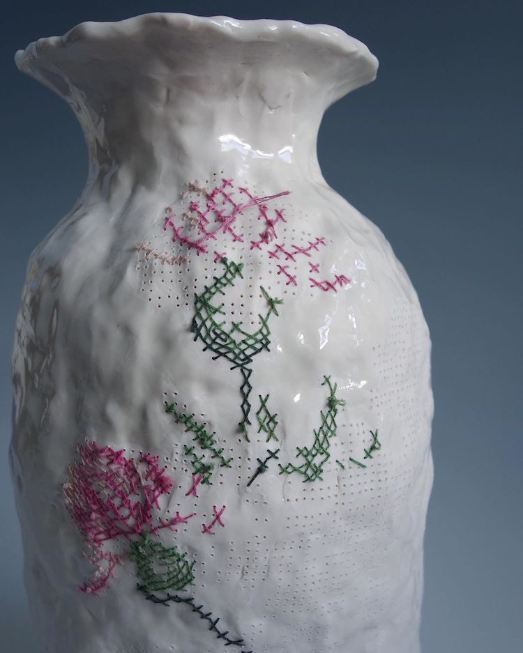 Embroidered ceramics by Caroline Harrius