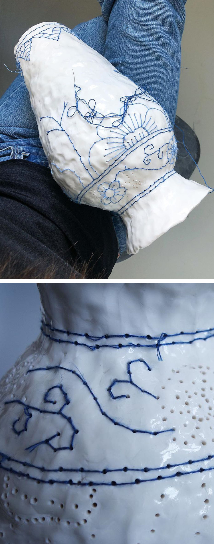 Embroidery on ceramics by Caroline Harrius