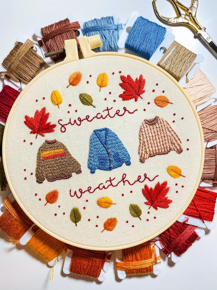 Embroidery pattern that says "sweater weather" with embroidery of cardigans 