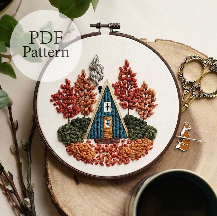 Downloadable embroidery pattern of a house in fall