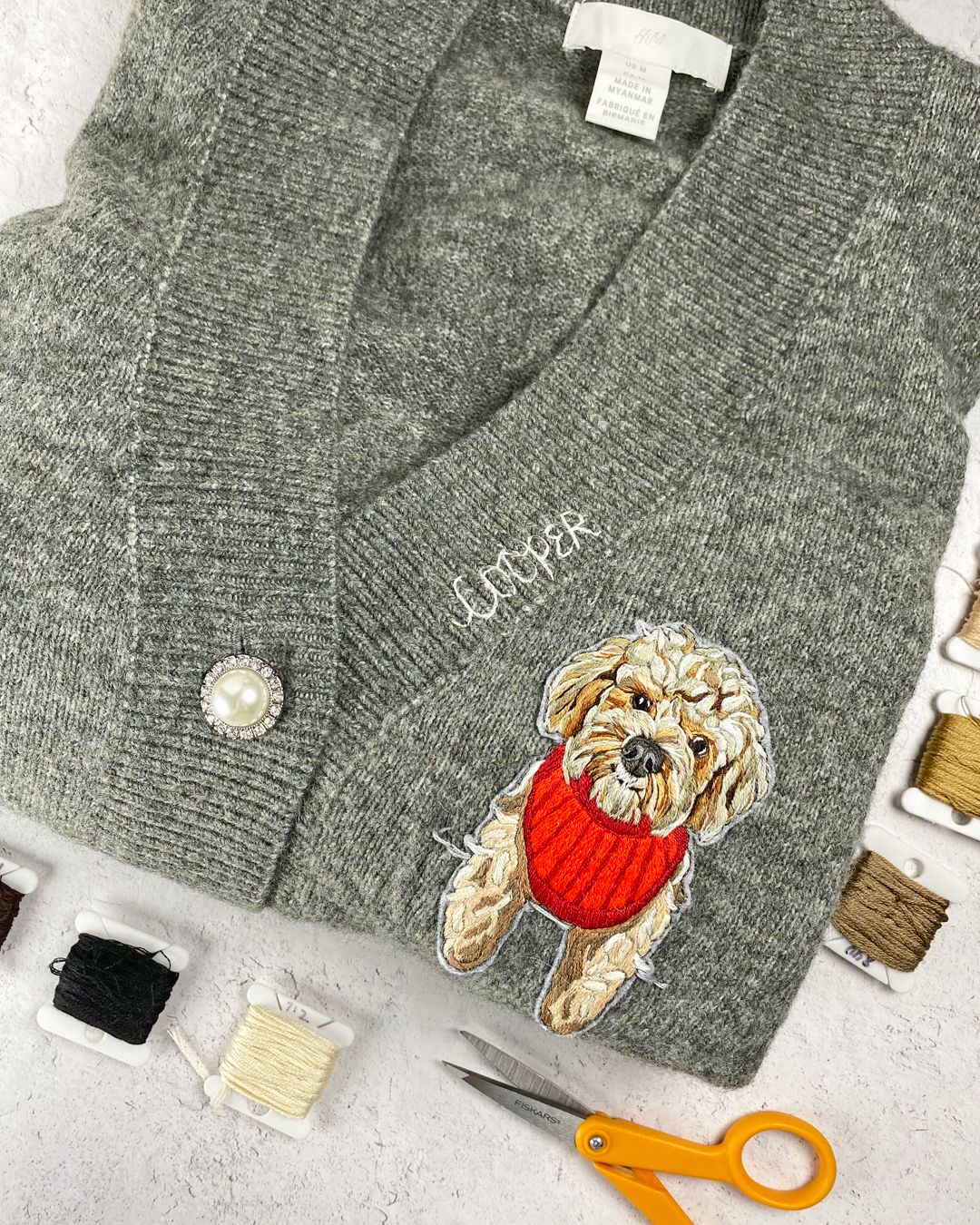 Custom pet portrait on sweater by Brown Paper Stitch