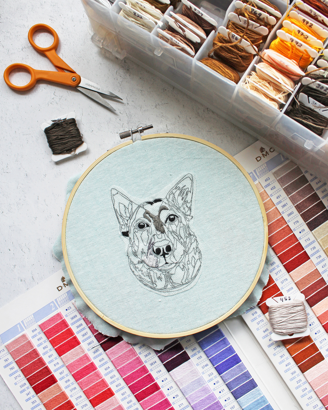 Pet portrait embroidery with DMC Thread Card
