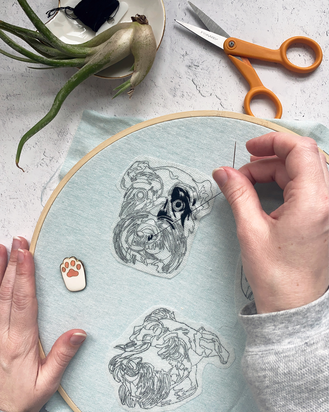 Stitching custom pet portrait patches by Brown Paper Stitch